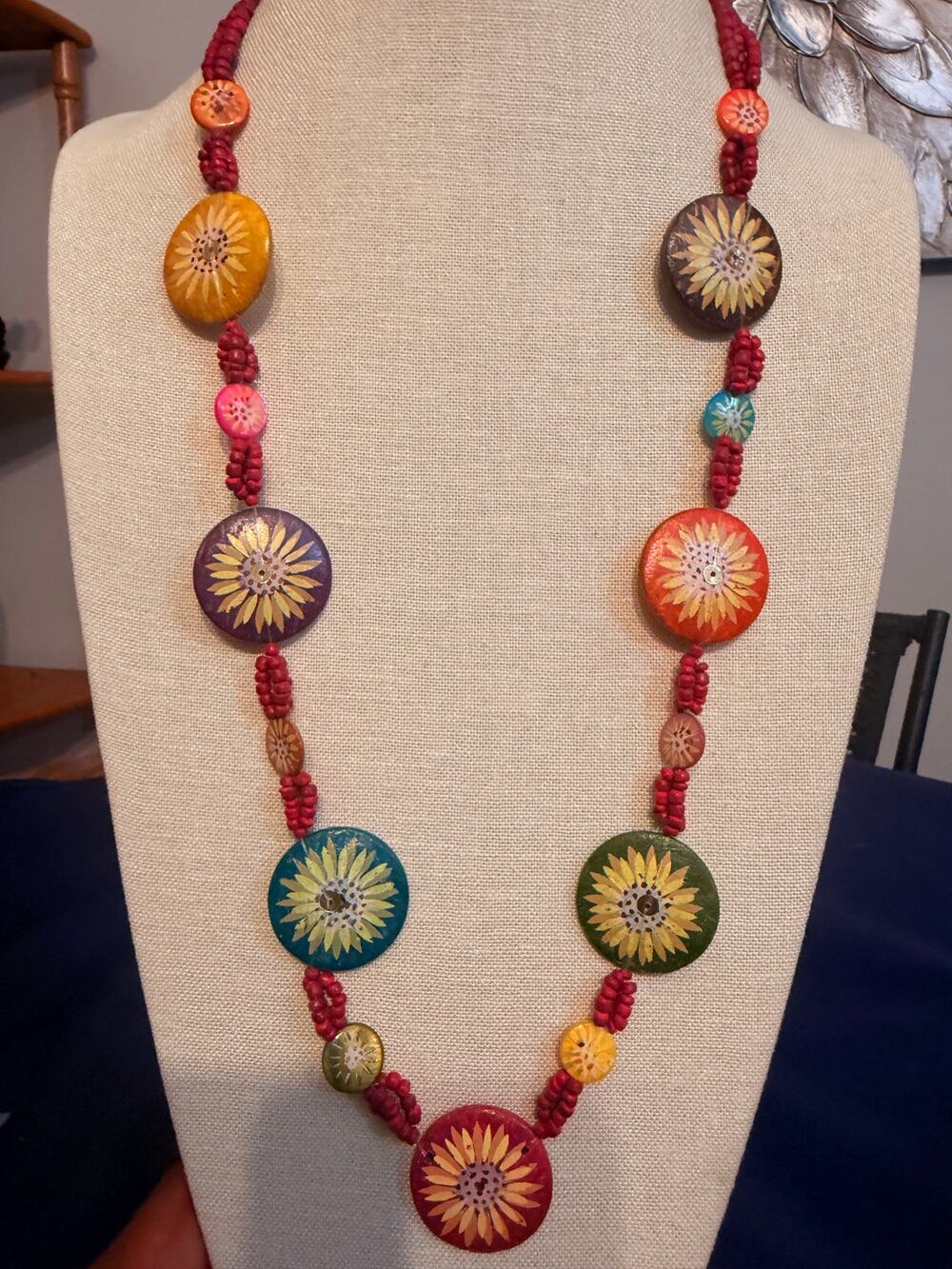 Vintage 34” Hand Painted Floral Wood Bead Necklace